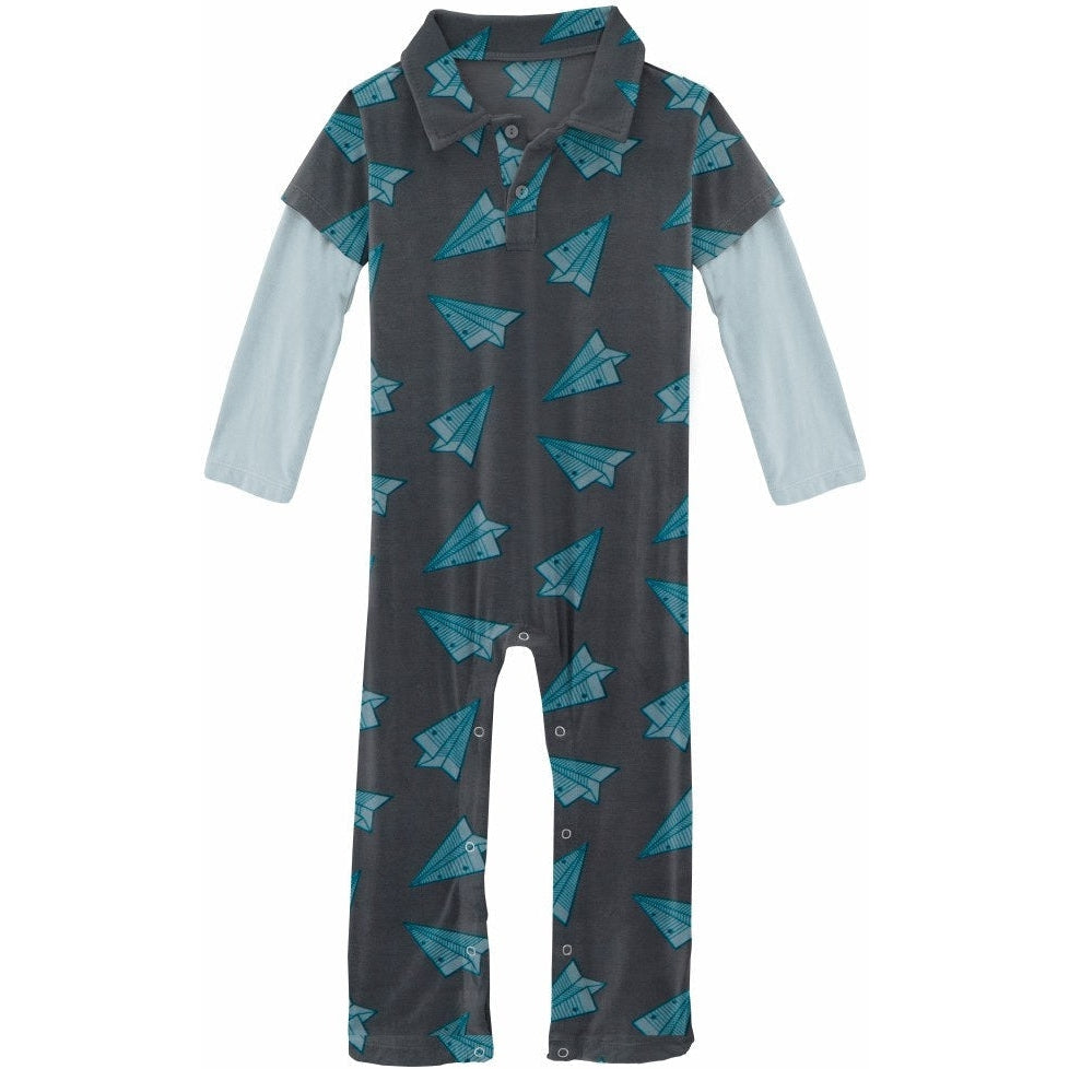 KicKee Pants First Day of School Polo Romper Lined Paper Airplanes
