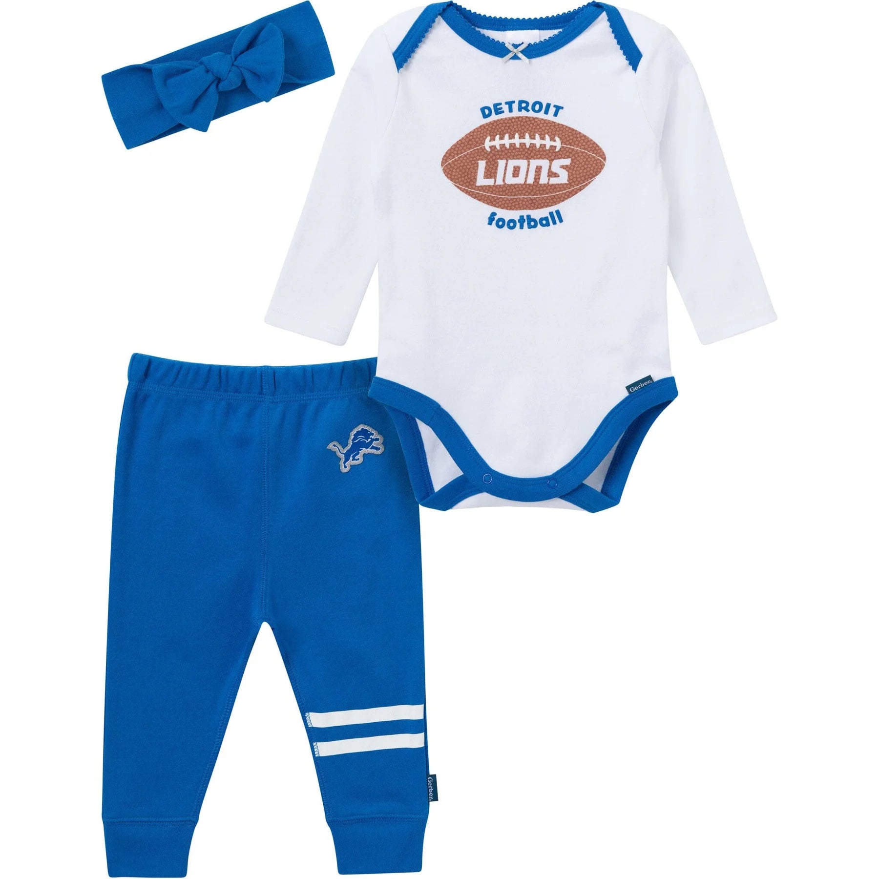 detroit lions gear Gerber 3-Pack Detroit Lions Bodysuit Pant & Headband Set – Modern Natural Baby